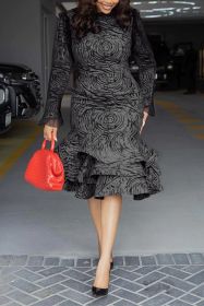 CM.YAYA Women Long Sleeve mesh O-neck mult Ruffles Bodycon Midi Dress 2025 Africa OL Work Evening Sexy Party Dresses Vestidos (Color: Black, size: XL)