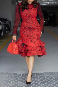 CM.YAYA Women Long Sleeve mesh O-neck mult Ruffles Bodycon Midi Dress 2025 Africa OL Work Evening Sexy Party Dresses Vestidos (Color: Red, size: M)