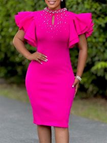 Elegant Women Party Evening Dresses Ruffle Sleeve Bodycon Midi Robe Office Ladies Overalls African Dashiki Ankara Clothing 2025 (Color: Rose Red, size: XL)