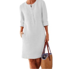 Women Casual Soild Long Sleeve Cotton And Linen Tunic Dress Vintage Straight Dress Long Sleeve Oversized Mini Knee-Length Dress (Color: White, size: S)
