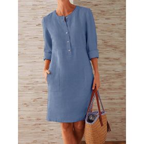 Women Casual Soild Long Sleeve Cotton And Linen Tunic Dress Vintage Straight Dress Long Sleeve Oversized Mini Knee-Length Dress (Color: Blue, size: XL)