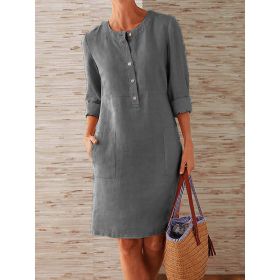 Women Casual Soild Long Sleeve Cotton And Linen Tunic Dress Vintage Straight Dress Long Sleeve Oversized Mini Knee-Length Dress (Color: Dark Grey, size: XXL)