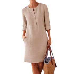 Women Casual Soild Long Sleeve Cotton And Linen Tunic Dress Vintage Straight Dress Long Sleeve Oversized Mini Knee-Length Dress (Color: KHAKI, size: XXL)