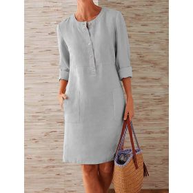Women Casual Soild Long Sleeve Cotton And Linen Tunic Dress Vintage Straight Dress Long Sleeve Oversized Mini Knee-Length Dress (Color: Gray, size: M)