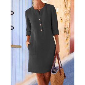 Women Casual Soild Long Sleeve Cotton And Linen Tunic Dress Vintage Straight Dress Long Sleeve Oversized Mini Knee-Length Dress (Color: Black, size: M)