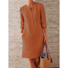 Women Casual Soild Long Sleeve Cotton And Linen Tunic Dress Vintage Straight Dress Long Sleeve Oversized Mini Knee-Length Dress (Color: CORAL RED, size: L)