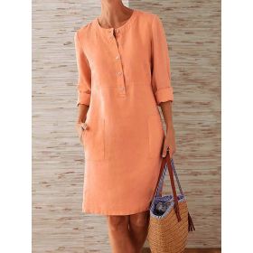 Women Casual Soild Long Sleeve Cotton And Linen Tunic Dress Vintage Straight Dress Long Sleeve Oversized Mini Knee-Length Dress (Color: Orange, size: L)