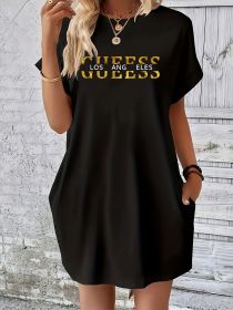 Ladies' summer loose GUEESS Los Angeles letter pattern print round neck short sleeved pocket comfortable casual plus size dress (Color: DX13-GUEESS-hei, size: XXL)