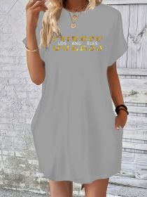 Ladies' summer loose GUEESS Los Angeles letter pattern print round neck short sleeved pocket comfortable casual plus size dress (Color: DX13-GUEESS-hui, size: M)
