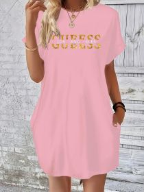 Ladies' summer loose GUEESS Los Angeles letter pattern print round neck short sleeved pocket comfortable casual plus size dress (Color: DX13-GUEESS-fen, size: M)