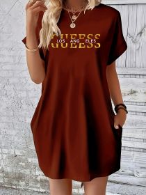 Ladies' summer loose GUEESS Los Angeles letter pattern print round neck short sleeved pocket comfortable casual plus size dress (Color: DX13-GUEESS-hong, size: XXL)