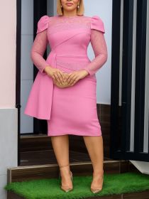 Spring/Autumn Women's Dress Irregular Wrinkle Lace Fashion Long Sleeve Ruffle Middle Waist Dresses 2025 New Party Women's Wear (Color: Pink, size: L)