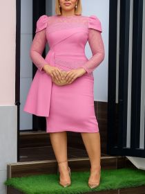 Spring/Autumn Women's Dress Irregular Wrinkle Lace Fashion Long Sleeve Ruffle Middle Waist Dresses 2025 New Party Women's Wear (Color: Pink, size: M)