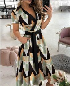Rainbow Striped Print Summer Dress 2023 Women Button Up Short Sleeve Casual Vintage Shirt Long Dress Ladies Elegant Maxi Dresses (Color: Green, size: M)