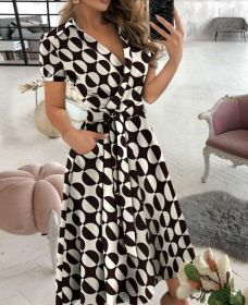 Rainbow Striped Print Summer Dress 2023 Women Button Up Short Sleeve Casual Vintage Shirt Long Dress Ladies Elegant Maxi Dresses (Color: KHAKI, size: M)
