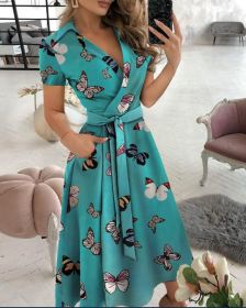 Rainbow Striped Print Summer Dress 2023 Women Button Up Short Sleeve Casual Vintage Shirt Long Dress Ladies Elegant Maxi Dresses (Color: Blue, size: L)