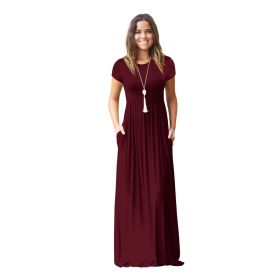 Women Summer Dress Casual Solid Color O Neck Loose Short Sleeve Pocket floor-length Long Woman Maxi Dresses Vestidos SLBZ352 (Color: Wine Red, size: L)