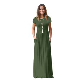 Women Summer Dress Casual Solid Color O Neck Loose Short Sleeve Pocket floor-length Long Woman Maxi Dresses Vestidos SLBZ352 (Color: Army green, size: XL)