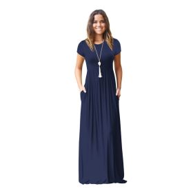 Women Summer Dress Casual Solid Color O Neck Loose Short Sleeve Pocket floor-length Long Woman Maxi Dresses Vestidos SLBZ352 (Color: Navy Blue, size: S)