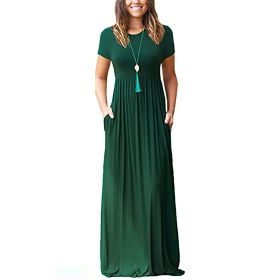 Women Summer Dress Casual Solid Color O Neck Loose Short Sleeve Pocket floor-length Long Woman Maxi Dresses Vestidos SLBZ352 (Color: DARK GREEN, size: L)
