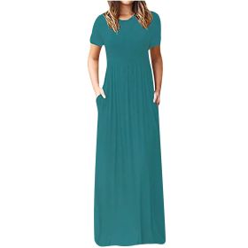 Women Summer Dress Casual Solid Color O Neck Loose Short Sleeve Pocket floor-length Long Woman Maxi Dresses Vestidos SLBZ352 (Color: New grass green, size: M)