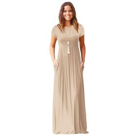 Women Summer Dress Casual Solid Color O Neck Loose Short Sleeve Pocket floor-length Long Woman Maxi Dresses Vestidos SLBZ352 (Color: apricot, size: XXL)