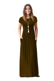 Women Summer Dress Casual Solid Color O Neck Loose Short Sleeve Pocket floor-length Long Woman Maxi Dresses Vestidos SLBZ352 (Color: Brown (coffee), size: XXXL)