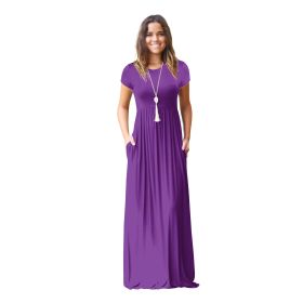 Women Summer Dress Casual Solid Color O Neck Loose Short Sleeve Pocket floor-length Long Woman Maxi Dresses Vestidos SLBZ352 (Color: Purple, size: M)