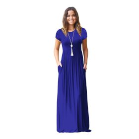 Women Summer Dress Casual Solid Color O Neck Loose Short Sleeve Pocket floor-length Long Woman Maxi Dresses Vestidos SLBZ352 (Color: Sapphire blue, size: S)