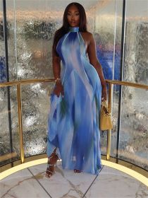 Weird Puss Gradient Print Dress Women Turtleneck Sleeveless Ruched Ruffles Elegant Robe Midnight Banquet Party Hipster Vestidos (Color: Blue, size: M)