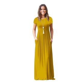 Women Summer Dress Casual Solid Color O Neck Loose Short Sleeve Pocket floor-length Long Woman Maxi Dresses Vestidos SLBZ352 (Color: Yellow, size: XL)