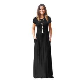 Women Summer Dress Casual Solid Color O Neck Loose Short Sleeve Pocket floor-length Long Woman Maxi Dresses Vestidos SLBZ352 (Color: Black, size: S)