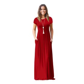 Women Summer Dress Casual Solid Color O Neck Loose Short Sleeve Pocket floor-length Long Woman Maxi Dresses Vestidos SLBZ352 (Color: Bright red, size: S)