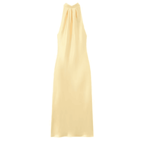 TRAF Halter Satin Long Dress Women Tied Backless Brown Midi Dress Summer Off Shoulder Party Dresses Pleated Evening Dress (Color: Yellow, size: M)