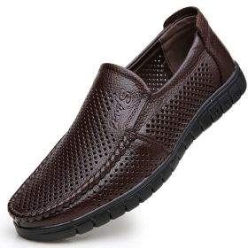 Men Hollow Out Breathable Leather Shoes Casual Loafers Genuine Leather Soft Slip-on Walking Footwear Men Comfortable Sneakers (Color: Brown, size: 44)
