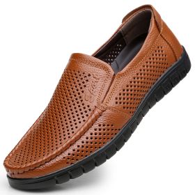 Men Hollow Out Breathable Leather Shoes Casual Loafers Genuine Leather Soft Slip-on Walking Footwear Men Comfortable Sneakers (Color: KHAKI, size: 41)