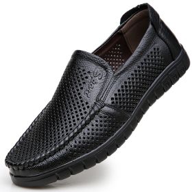 Men Hollow Out Breathable Leather Shoes Casual Loafers Genuine Leather Soft Slip-on Walking Footwear Men Comfortable Sneakers (Color: Black, size: 40)