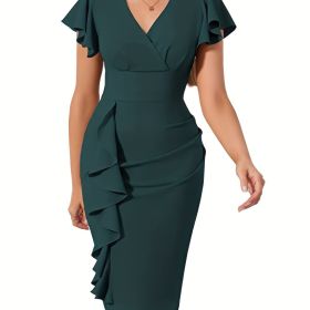Ruffle Hem Bodycon Dress, Elegant V-neck Flutter Sleeve Dress, Women's Clothing (Color: Army green, size: XXL(14))