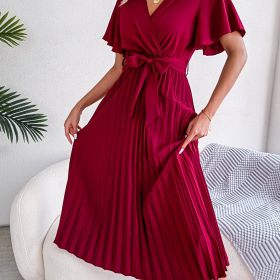 High Waist Pleated Maxi Dress; Elegant Tie Up Ruffled Sleeve Loose Dress; Women's Clothing (Color: Claret, size: XL(12))