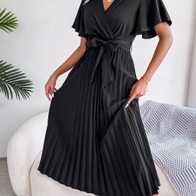 High Waist Pleated Maxi Dress; Elegant Tie Up Ruffled Sleeve Loose Dress; Women's Clothing (Color: Black, size: S(4))