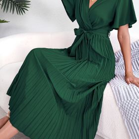 High Waist Pleated Maxi Dress; Elegant Tie Up Ruffled Sleeve Loose Dress; Women's Clothing (Color: Green, size: M(6))