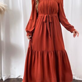 Plus Size Shirred Square Neck Lantern Sleeve Smock Maxi Dress; Women's Plus Solid Elegant Long Dress (Color: Claret, size: 1XL(14))