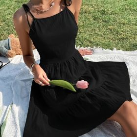 Solid Backless Pleated Cami Dresses; Spaghetti Strap Solid Vacation Dress; Women's Clothing (Color: Black, size: L(8/10))