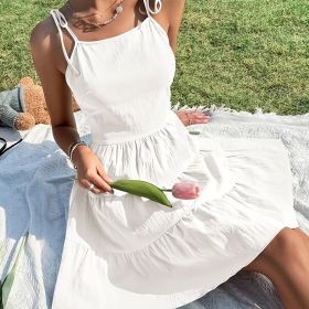 Solid Backless Pleated Cami Dresses; Spaghetti Strap Solid Vacation Dress; Women's Clothing (Color: White, size: S(4))
