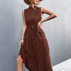 Elegant Lace Up Midi Dress; Dot Tie Print Sleeveless High Neck Belt Waist Summer Maxi Dresses; Women's Clothing (Color: Coffee, size: XXL(14))