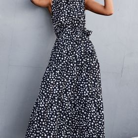 Elegant Lace Up Midi Dress; Dot Tie Print Sleeveless High Neck Belt Waist Summer Maxi Dresses; Women's Clothing (Color: Black, size: M(6))