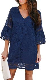 Women's Dress Sweet & Cute V-Neck Bell Sleeve Shift Dress Mini Dress (Color: Blue, size: X-Large)
