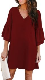 Women's Dress Sweet & Cute V-Neck Bell Sleeve Shift Dress Mini Dress (Color: Wine Red, size: medium)