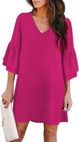 Women's Dress Sweet & Cute V-Neck Bell Sleeve Shift Dress Mini Dress (Color: Rose Red, size: X-Large)