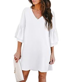 Women's Dress Sweet & Cute V-Neck Bell Sleeve Shift Dress Mini Dress (Color: White, size: small)
